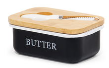 Lade das Bild in den Galerie-Viewer, Butterdose mit Holzdeckel, Butterglocke für 250 g Butter, Multi-Funktion Butter Dish, Edlem & Nachhaltigem Bambusdeckel (Schwarz+buttermesser)