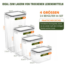 Lade das Bild in den Galerie-Viewer, Vorratsdosen Mit Deckel Luftdicht (4 Größen), 24er Set Organizer Box, BPA-frei Aufbewahrungsbox Küche, Frischhaltedosen für Mehl, Müsli, Cornflakes, Vorratsbehälter Mit Etikett (24)