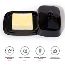 Lade das Bild in den Galerie-Viewer, Butterdose - Hochwertige Butterglocke aus Keramik - Butter Dish für alle gängigen Butter (250g) - Butterschale Porzellan (Schwarz)
