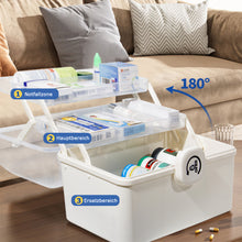 Lade das Bild in den Galerie-Viewer, Aufbewahrungsbox Medikamenten Aufbewahrung Medizinbox Apothekenbox HausapothekeBox Groß, Tragbar, Kindersicherung, 3 Treppenabteile(Open Weiß-39cm)