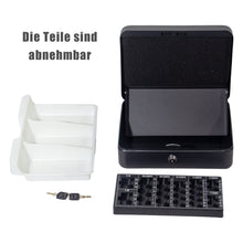 Lade das Bild in den Galerie-Viewer, Geldkassette mit münzzählbrett, 25 * 18 * 8.5 CM, Kasse Abschließbar, Cash Box Groß, Spardose, Geld organizer (Schwarz-25cm)
