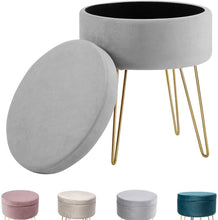 Lade das Bild in den Galerie-Viewer, Hocker samt rund, schminktisch hocker, Polsterhocker,Schminktischbänke, Sitzhocker mit stauraum (Abnehmbarer Deckel) Metall Bein D.37.5cm*H45cm