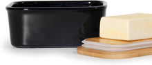 Lade das Bild in den Galerie-Viewer, Butterdose Keramik mit Holzdeckel , 250g Butter Aufbewahrung , Butterbox Porzellan vintage (Schwarz)