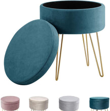 Lade das Bild in den Galerie-Viewer, Hocker samt rund, schminktisch hocker, Polsterhocker,Schminktischbänke, Sitzhocker mit stauraum (Abnehmbarer Deckel) Metall Bein D.37.5cm*H45cm