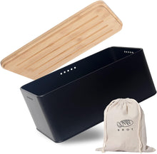 Lade das Bild in den Galerie-Viewer, Brotkasten mit Schneidebrett, Matte Brotbox mit Holzdeckel und Leinen Brotbeutel, Rundum Belüftung, Brotkorb für langanhaltende Frische Grau