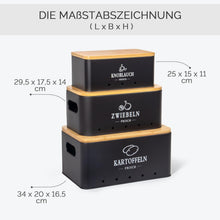 Lade das Bild in den Galerie-Viewer, Kartoffel Aufbewahrungsbox 3er Set, 360° Luftzirkulation für längere Frische, Für Zwiebeln, Kartoffeln, Knoblauch Schwarz