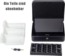 Lade das Bild in den Galerie-Viewer, Geldkassette mit münzzählbrett, 25 * 18 * 8.5 CM, Kasse Abschließbar, Cash Box Groß, Spardose, Geld organizer (Schwarz-25cm)