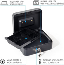 Lade das Bild in den Galerie-Viewer, Geldkassette Abschließbar mit 5 Fächern (20x16x8,5 cm), Kasse aus Stahl für Scheine und Münzen, Kleine Geldbox mit Schlüssel für Büro, Haus (Schwarz-20x16x8,5cm)