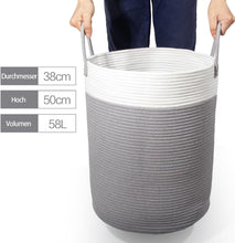 Lade das Bild in den Galerie-Viewer, Wäschekorb mit Henkel, Spielzeug Aufbewahrung, Aufbewahrungsbox Geflochten, Wäschesammler Groß, Aufbewahrungskorb Kinderzimmer (Grau&Weiß, D 38 x H 50 CM)