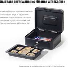 Lade das Bild in den Galerie-Viewer, Geldkassette Abschließbar mit 5 Fächern (20x16x8,5 cm), Kasse aus Stahl für Scheine und Münzen, Kleine Geldbox mit Schlüssel für Büro, Haus (Schwarz-20x16x8,5cm)