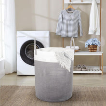 Lade das Bild in den Galerie-Viewer, Wäschekorb mit Henkel, Spielzeug Aufbewahrung, Aufbewahrungsbox Geflochten, Wäschesammler Groß, Aufbewahrungskorb Kinderzimmer (Grau&Weiß, D 38 x H 50 CM)
