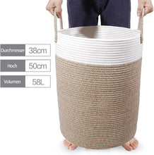 Lade das Bild in den Galerie-Viewer, Wäschekorb mit Henkel, Spielzeug Aufbewahrung, Aufbewahrungsbox Geflochten, Wäschesammler Groß, Aufbewahrungskorb Kinderzimmer (Braun&Weiß, D 38 x H 50 CM)