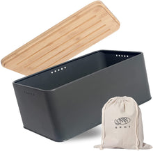 Lade das Bild in den Galerie-Viewer, Brotkasten mit Schneidebrett, Matte Brotbox mit Holzdeckel und Leinen Brotbeutel, Rundum Belüftung, Brotkorb für langanhaltende Frische Grau
