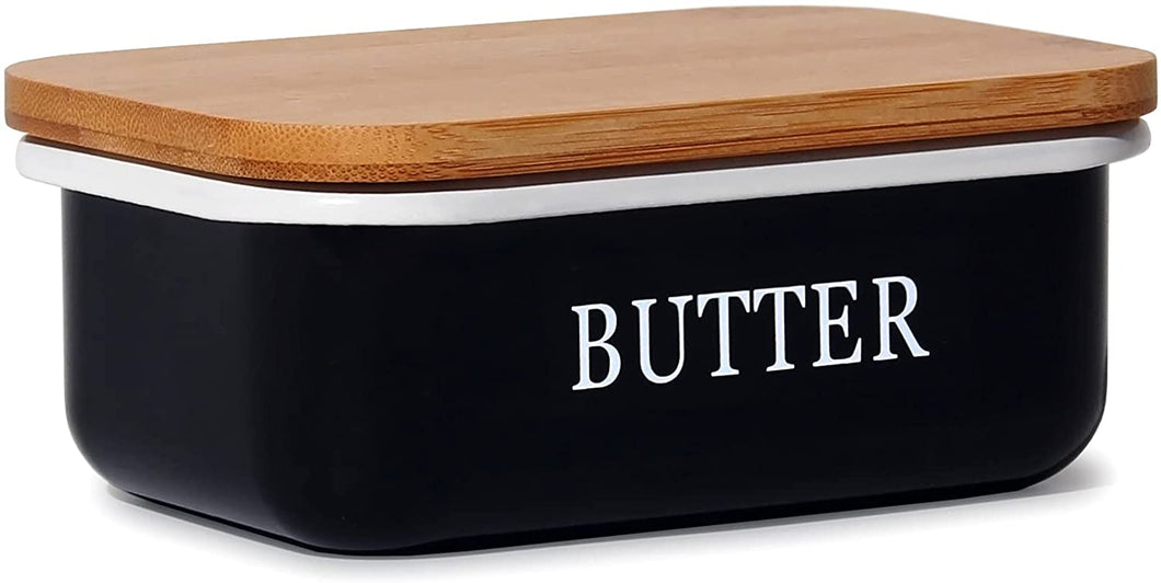 Butter Dish aus Edelstahl, Butterdose aus Edelstahl oder Boraxglas gefertigt mit edlem nachhaltigem natürlicher Deckel,Holzdeckel (Schwarz)