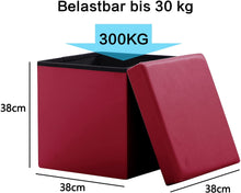 Lade das Bild in den Galerie-Viewer, Stauraum Fußhocker, Aufbewahrungsbox faltbar belastbar bis 300 kg, 38 x 38 x 38 cm,Aus MDF-Platte und Kunstleder.(Dunkelrot)