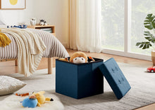 Lade das Bild in den Galerie-Viewer, Fußhocker, Fußbank Truhen Aufbewahrungsbox faltbar belastbar bis 300 kg, Leinen, 38 x 38 x 38 cm(Marineblau)