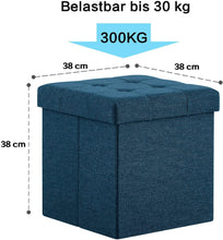 Lade das Bild in den Galerie-Viewer, Fußhocker, Fußbank Truhen Aufbewahrungsbox faltbar belastbar bis 300 kg, Leinen, 38 x 38 x 38 cm(Marineblau)