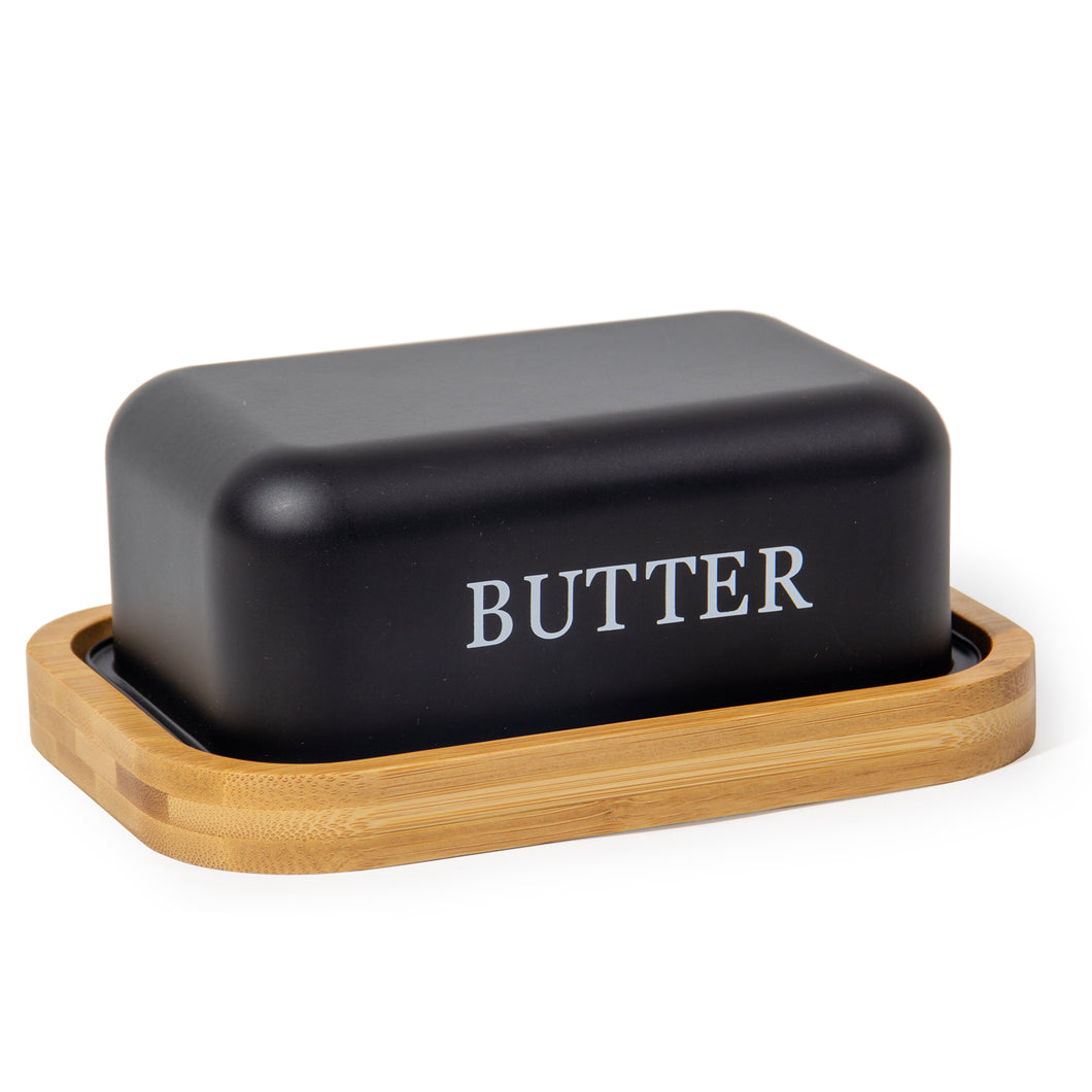 Butterdose,Butterglocke für 250g Butter,Butterdose aus beschichteter Metallplatte oder Boraxglas mit edlem nachhaltigem Naturholzdeckel( Schwarz)