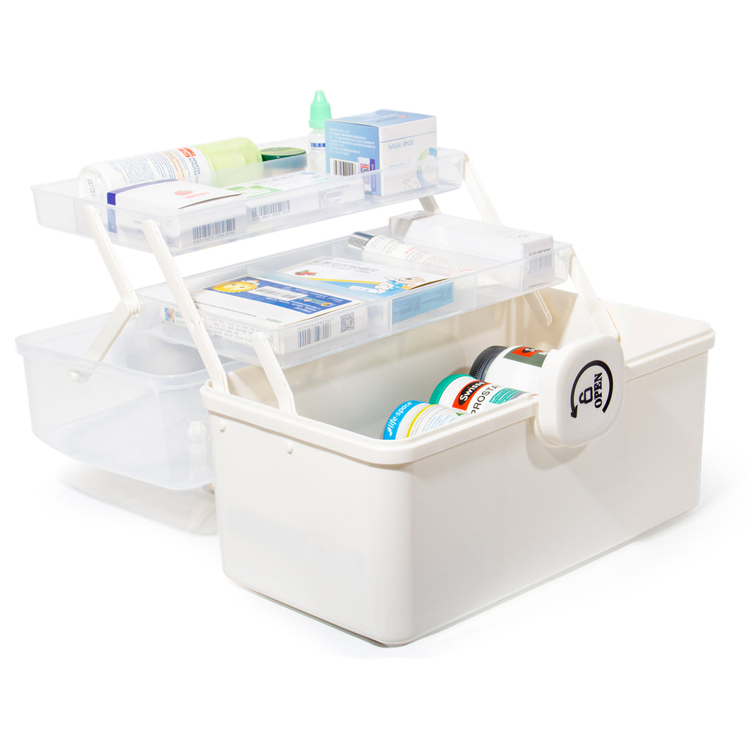 Aufbewahrungsbox Medikamenten Aufbewahrung Medizinbox Apothekenbox HausapothekeBox Groß, Tragbar, Kindersicherung, 3 Treppenabteile(Open Weiß-34cm)