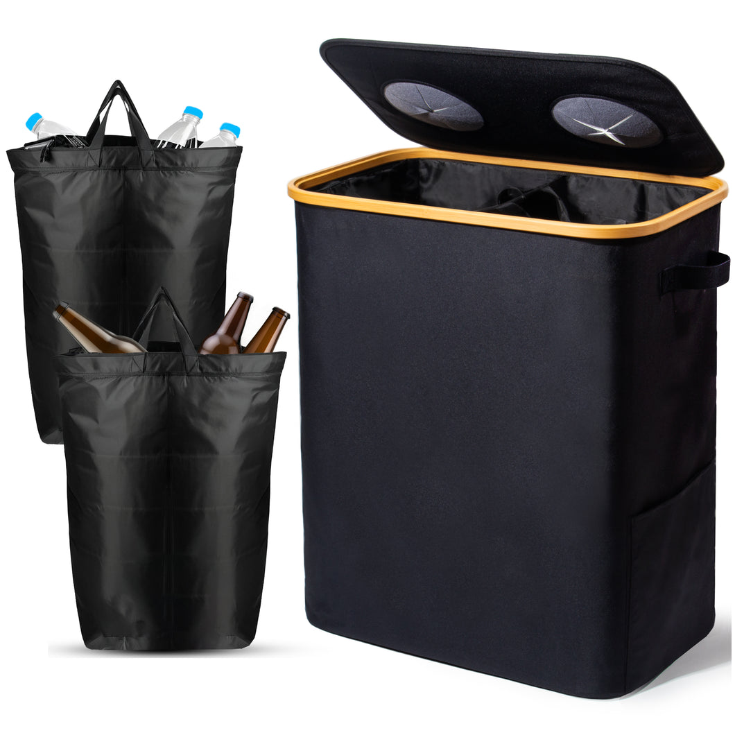 140L Pfandflaschen Sammelbehälter mit Deckel & XXL Tragetaschen, Flaschensammler für Leergut & Altglas, 2 Fächer Organizer mit Lochdesign, Recycling Behälter für Küche & Abstellraum, Schwarz