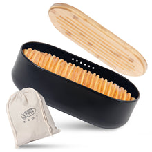 Lade das Bild in den Galerie-Viewer, Brotkasten mit Schneidebrett, Brotaufbewahrung mit Deckel, Brotbox aus Metall, Brotbeutel aus Leinen, Bread Box (Schwarz)
