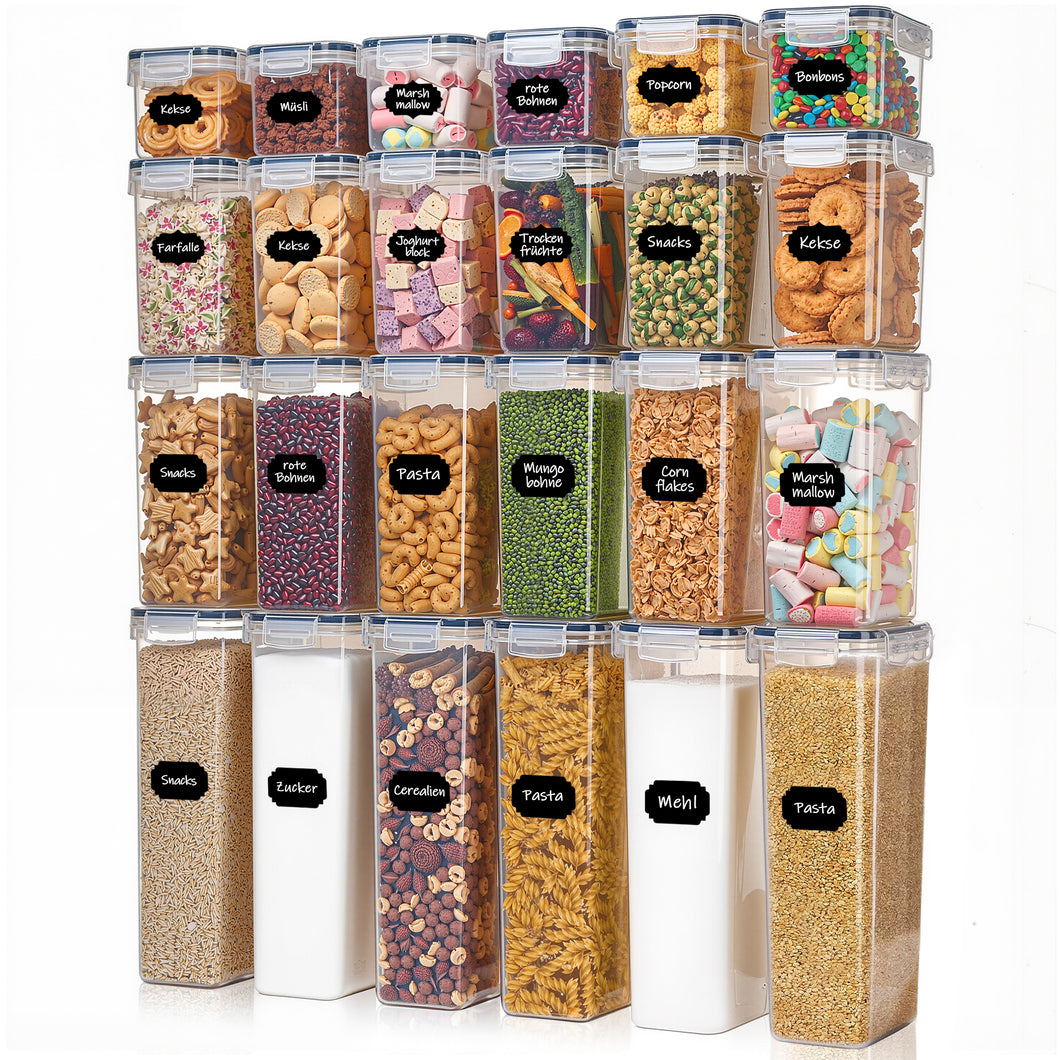 Vorratsdosen Mit Deckel Luftdicht (4 Größen), 24er Set Organizer Box, BPA-frei Aufbewahrungsbox Küche, Frischhaltedosen für Mehl, Müsli, Cornflakes, Vorratsbehälter Mit Etikett (24)