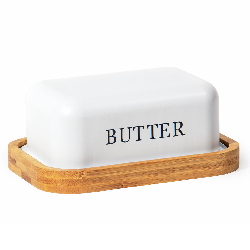 Butterdose,Butterglocke für 250g Butter,Butterdose aus beschichteter Metallplatte oder Boraxglas mit edlem nachhaltigem Naturholzdeckel( Weiss)