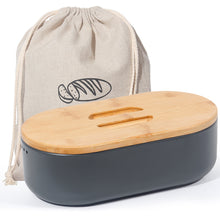 Lade das Bild in den Galerie-Viewer, Brotkasten mit Schneidebrett, Brotaufbewahrung mit Deckel, Brotbox aus Metall, Brotbeutel aus Leinen, Bread Box (Grau)
