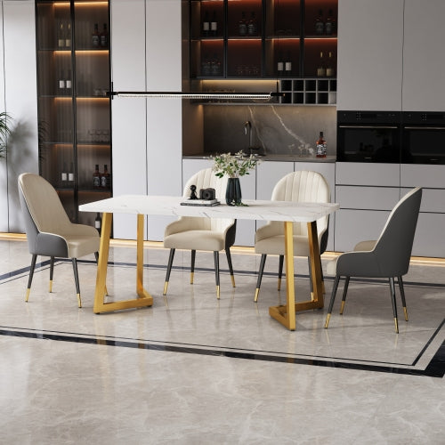 Esstisch，(1-St), Gestell aus Metall, Rechteckiger Esstisch aus Moderner Marmor Küchentisch mit Metallbeinen für Esszimmer Wohnzimmer, Weiß, Golden/Weiß
