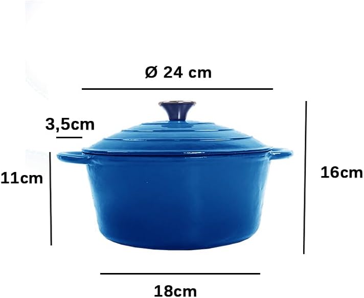 Emaillierte Gusseisen Topf Brot Backen Ø 24 cm/22cm, Gusseisen-Bräter mit Deckel, Rund, Robuster gusseiserner Brottopf zum backen, blau, Für alle Herdarten und Induktion geeignet