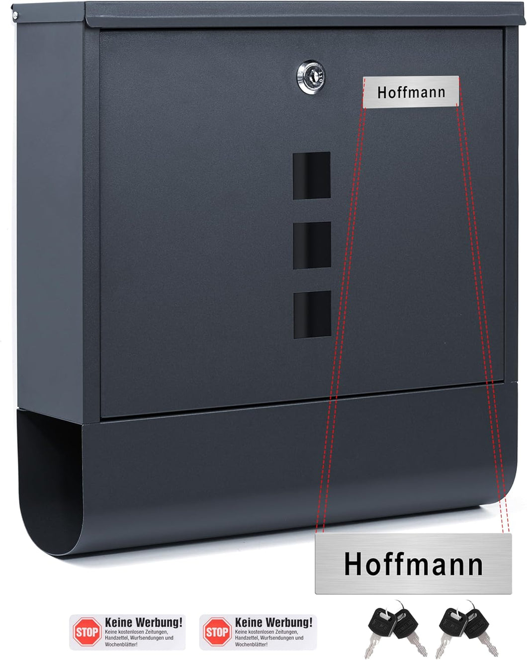 Briefkasten mit Edelstahl Namensschild 9.5 x 35 x 35 cm mit 4 Schlüsseln
