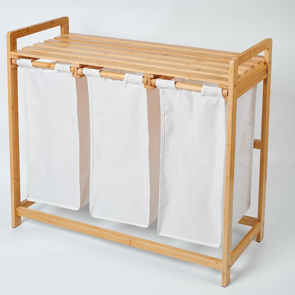 Wäschekorb aus Bambus doppel waeschekorb,Wäschekorb mit Regal,Kein Wäschekorb mit Deckel,Wäscheboxen unempfindlich gegen Nässe und leicht abwischbar (3 Schubladen)