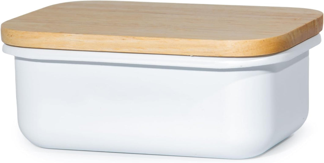 Butterdose mit Holzdeckel, Butterglocke für 250 g Butter, Multi-Funktion Butter Dish, Bambusdeckel (Weiß + Bambus)