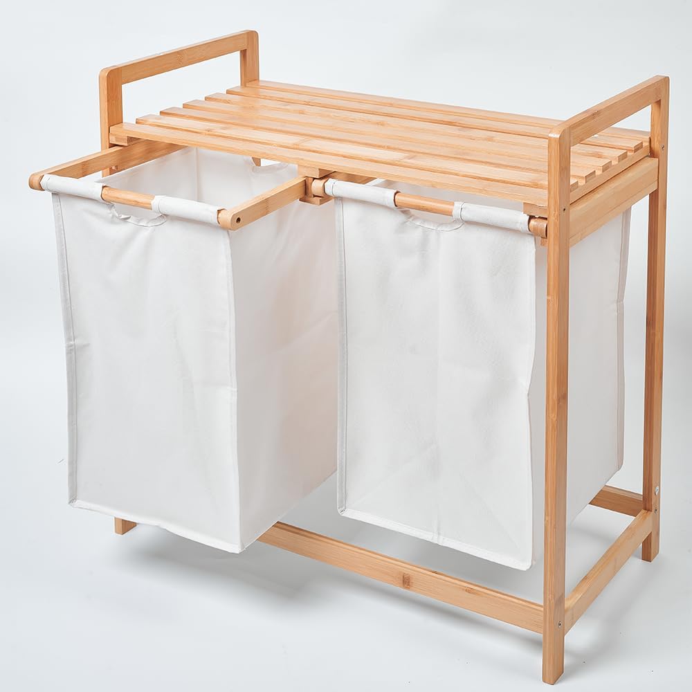 Wäschekorb aus Bambus doppel waeschekorb,Wäschekorb mit Regal,Kein Wäschekorb mit Deckel,Wäscheboxen unempfindlich gegen Nässe und leicht abwischbar (2 Schubladen)