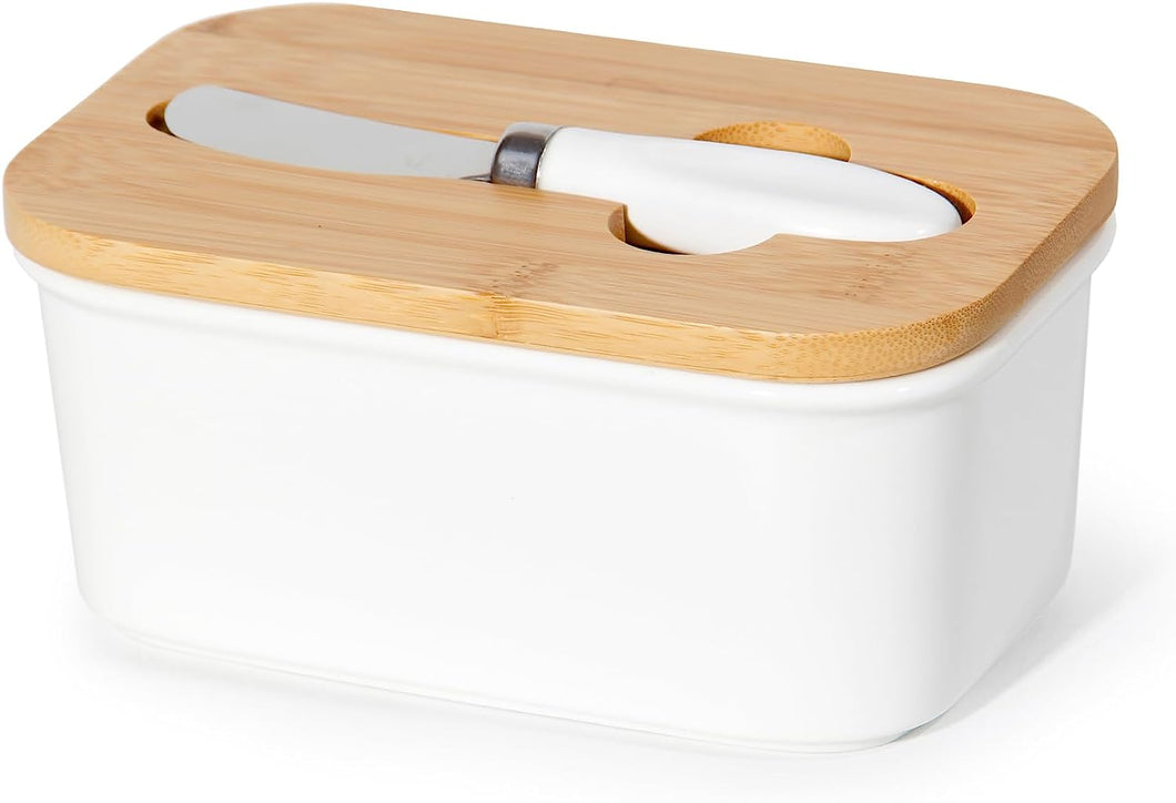 Butterdose Keramik mit Holzdeckel , 250g Butter Aufbewahrung , Butterbox Porzellan vintage Buttermesser