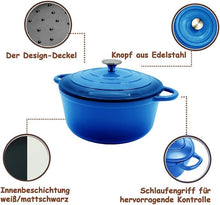 Lade das Bild in den Galerie-Viewer, Emaillierte Gusseisen Topf Brot Backen Ø 24 cm/22cm, Gusseisen-Bräter mit Deckel, Rund, Robuster gusseiserner Brottopf zum backen, blau, Für alle Herdarten und Induktion geeignet
