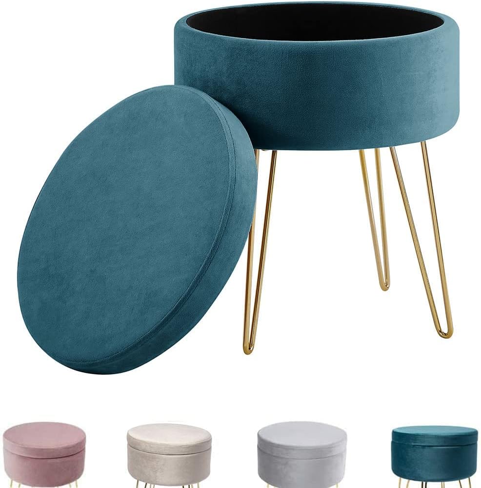 Hocker samt rund, schminktisch hocker, Polsterhocker,Schminktischbänke, Sitzhocker mit stauraum (Abnehmbarer Deckel) Metall Bein D.37.5cm*H45cm(Blau)