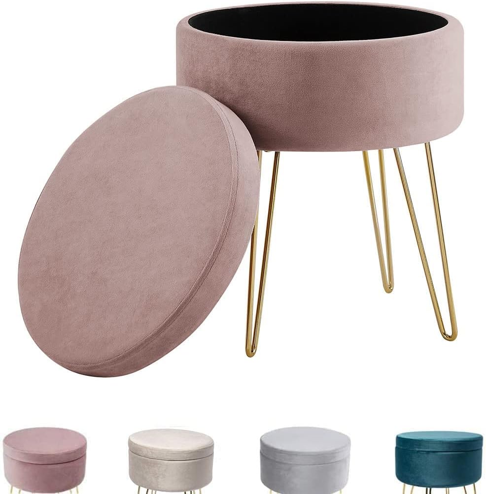Hocker samt rund, schminktisch hocker, Polsterhocker,Schminktischbänke, Sitzhocker mit stauraum (Abnehmbarer Deckel) Metall Bein D.37.5cm*H45cm(Rosa)