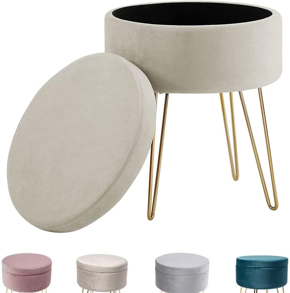 Hocker samt rund, schminktisch hocker, Polsterhocker,Schminktischbänke, Sitzhocker mit stauraum (Abnehmbarer Deckel) Metall Bein D.37.5cm*H45cm