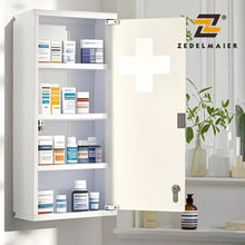 Lade das Bild in den Galerie-Viewer, Medizinschrank Abschließbar Hängend, Erste Hilfe Schrank, Arzneischrank aus Edelstahl Gross, Medikamentenschrank 57 x 27 x 12 cm((Weiß - 4Schichten))
