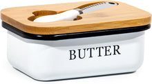Lade das Bild in den Galerie-Viewer, Butterdose mit Holzdeckel, Butterglocke für 250 g Butter, Multi-Funktion Butter Dish, Edlem &amp; Nachhaltigem Bambusdeckel (Weiß+Buttermesser)
