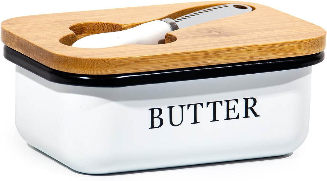 Butterdose mit Holzdeckel, Butterglocke für 250 g Butter, Multi-Funktion Butter Dish, Edlem & Nachhaltigem Bambusdeckel (Weiß+Buttermesser)