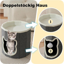 Lade das Bild in den Galerie-Viewer, Katzenhöhle mit Spielball,Katzenhaus mit 2 Ebenen,Katzenhaus für drinnen,katzenschlafplatz,Waschbares Kissen,niedliches Haustierhaus für 2 Katzen
