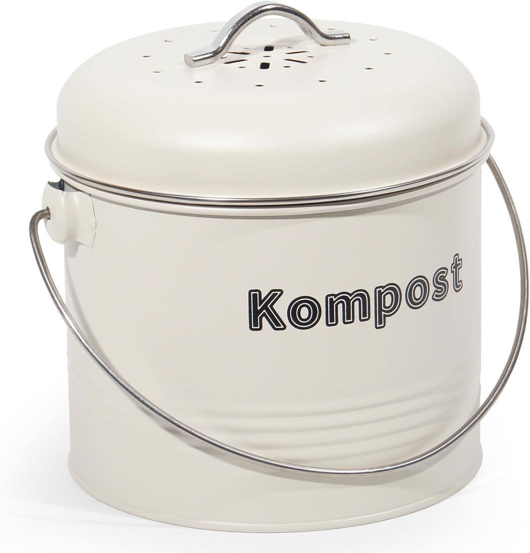 Biomülleimer Küche 3,5 L , Bio Mülleimer Geruchsdicht mit Aktivkohlefiltern , Komposteimer Metall , Biomüll Retro(Beige)