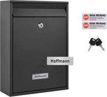 Lade das Bild in den Galerie-Viewer, Briefkasten personalisiert mit Edelstahl Namensschild Wandbriefkasten Postkasten briefkästen mit Schloss und 2 Schlüsseln 8,5 x 26 x 35 cm Anthrazit
