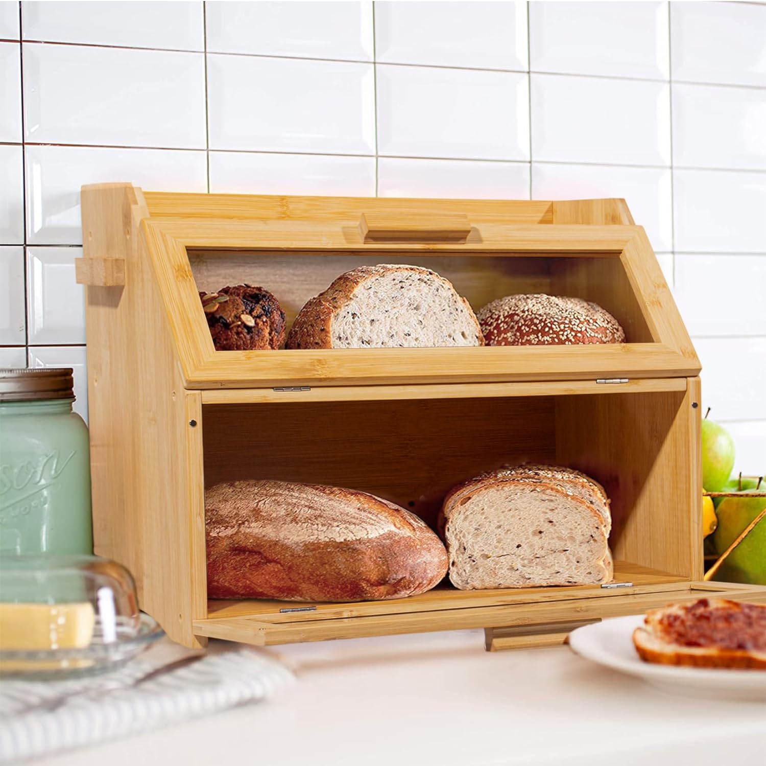 Doppelschichtiger Brotkasten Aus Bambus – Großer Brotaufbewahrungsbehälter Mit Fenster, 40,1 X 24,6 X 33,5 Cm
