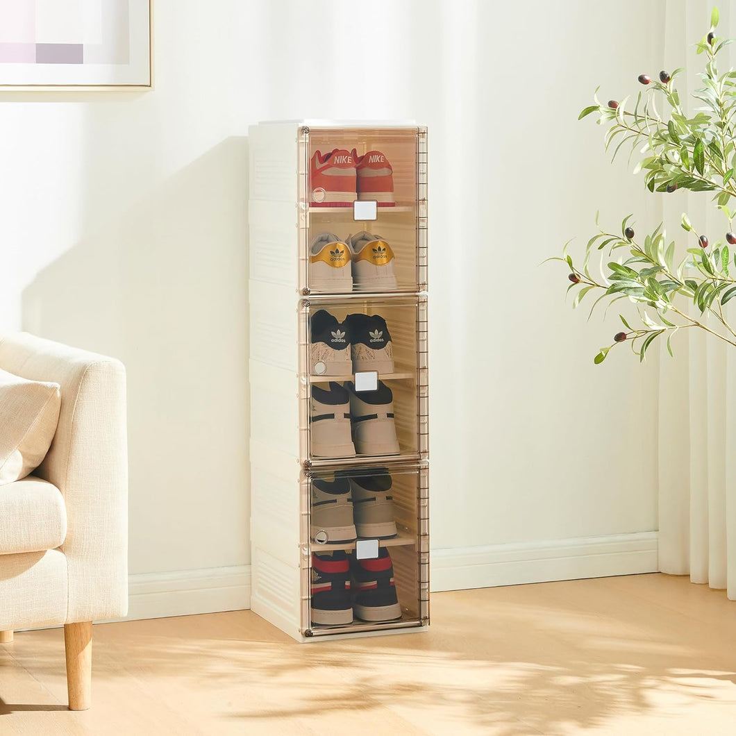 schuhboxen mit 6 Fächern, Aufbewahrungsbox mit transparenten Türen, Magnetverschluss, faltbare und stapelbare Schuhkartons Schuhregal Schuhschrank für Schuhe (1 Reihe mit 6 Würfel)