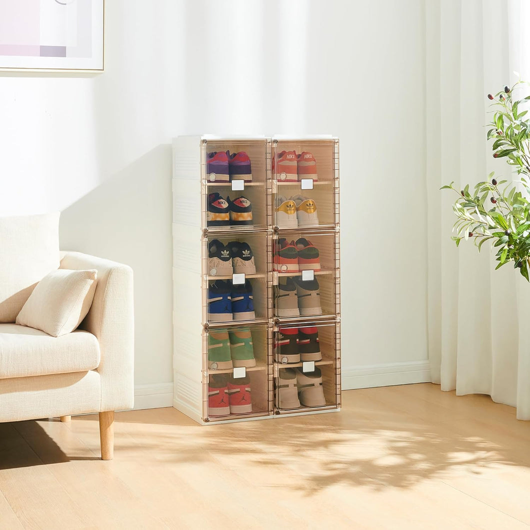 schuhboxen mit 12 Fächern, Aufbewahrungsbox mit transparenten Türen, Magnetverschluss, faltbare und stapelbare Schuhkartons Schuhregal Schuhschrank für Schuhe (2 Reihe mit 12 Würfel)