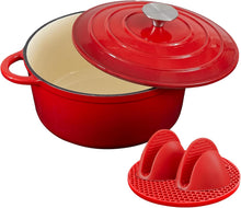 Lade das Bild in den Galerie-Viewer, Topf Schmortopf 26cm Emaille Bräter mit Deckel Topflappen, Kasserollen Bratentopf brot backen für Backen Schmoren Braten Incl.1 Paar Silikon Ofenhandschuhe&amp;Topfuntersetzer (Rot,5L)
