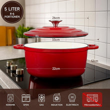 Lade das Bild in den Galerie-Viewer, Topf Schmortopf 26cm Emaille Bräter mit Deckel Topflappen, Kasserollen Bratentopf brot backen für Backen Schmoren Braten Incl.1 Paar Silikon Ofenhandschuhe&amp;Topfuntersetzer (Rot,5L)
